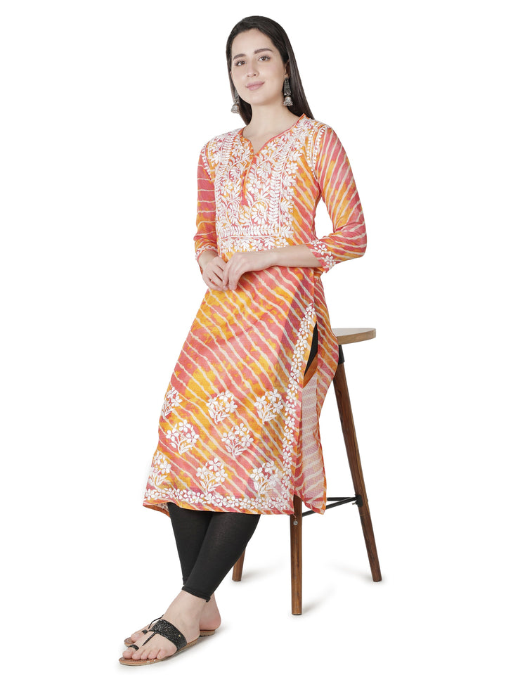 Orange Kota Leheriya Print Chikankari Kurta