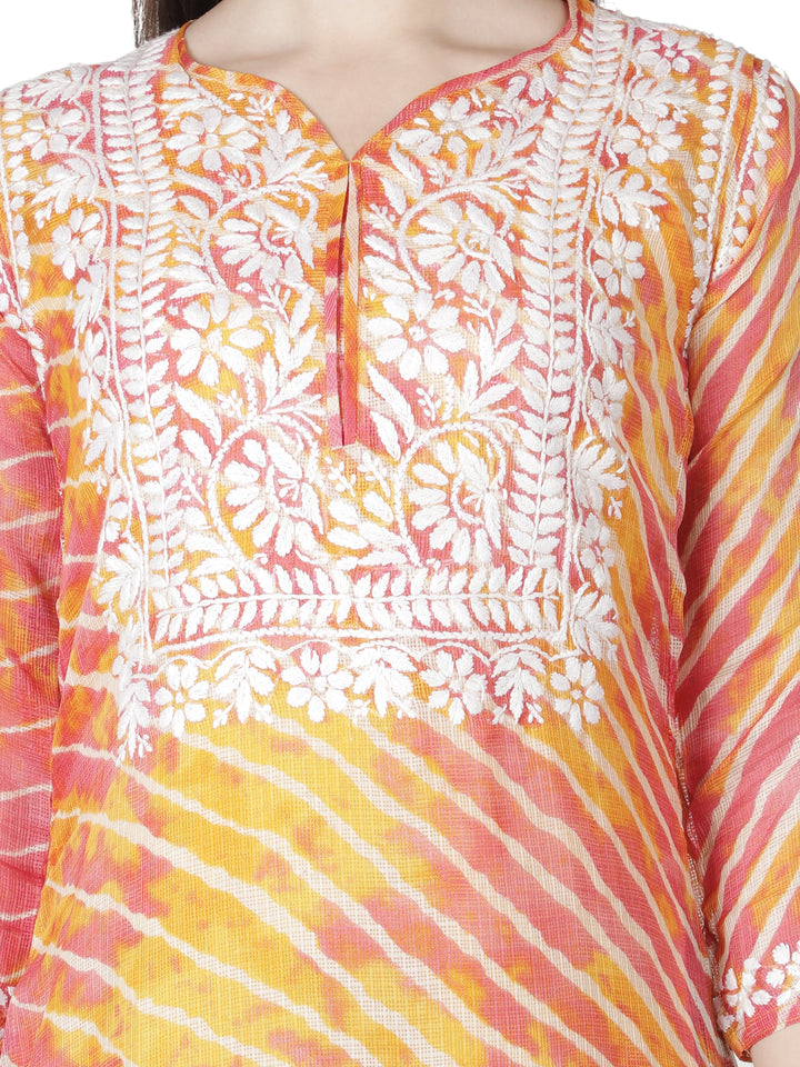 Orange Kota Leheriya Print Chikankari Kurta