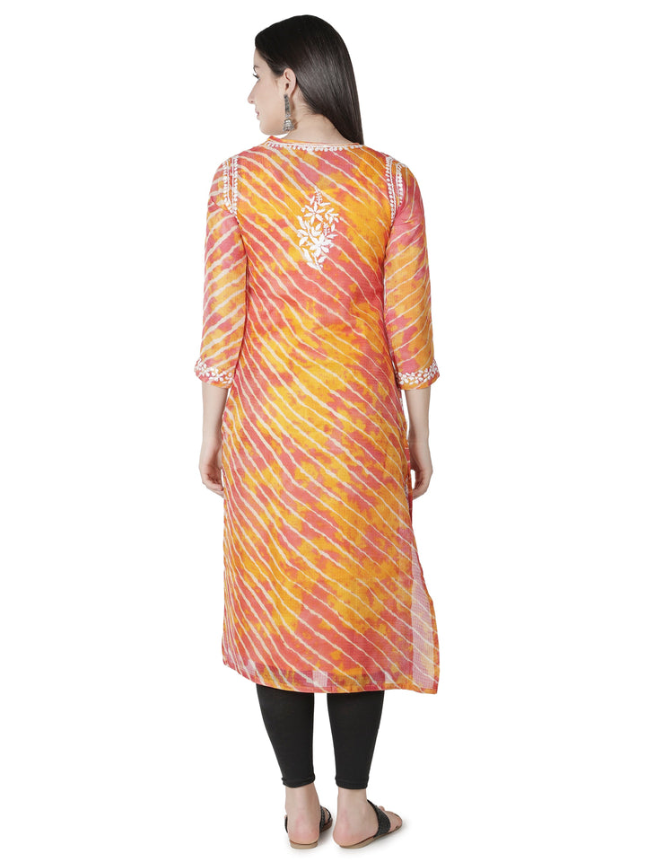 Orange Kota Leheriya Print Chikankari Kurta