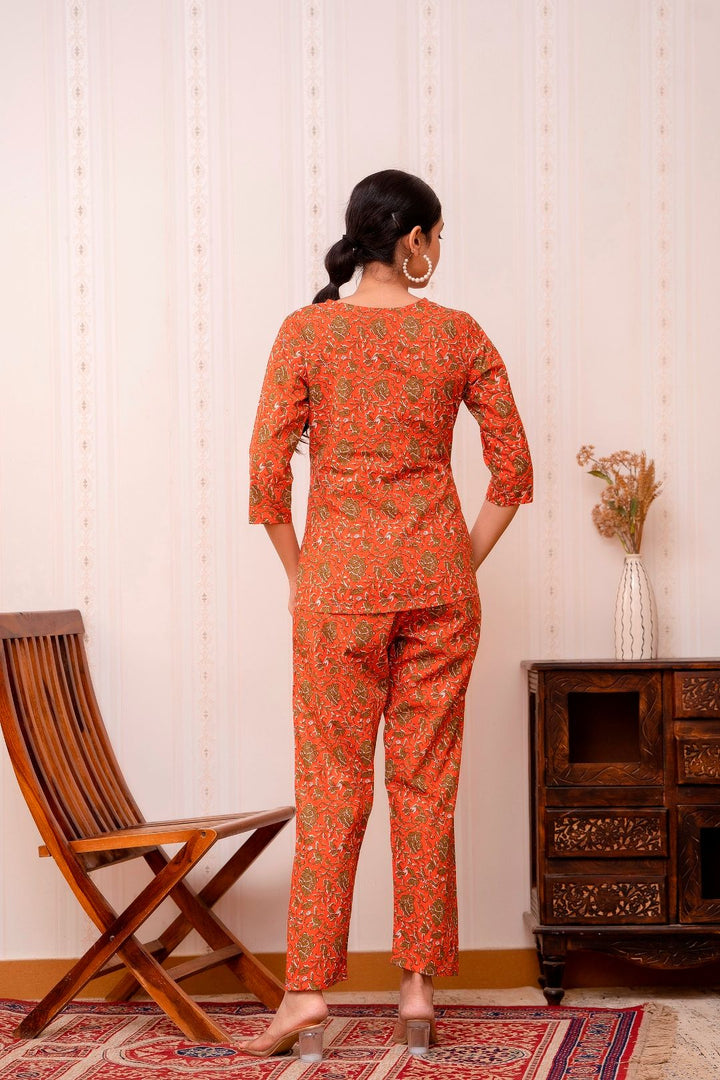 Orange-Printed-A-line-Cotton-Night-Suit
