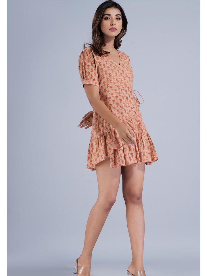 Orange Printed Short Wrap Dress with Tier Hem