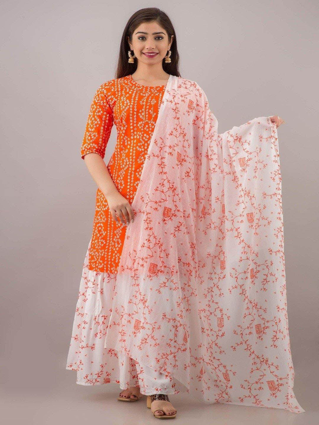 Orange Rayon Kurta And Skirt Set With Dupatta