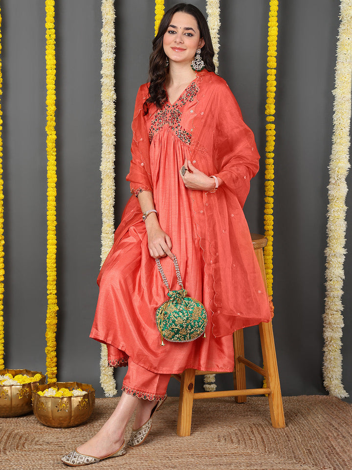 Orange Silk Blend Solid Embroidered Flared Kurta Trouser With Dupatta