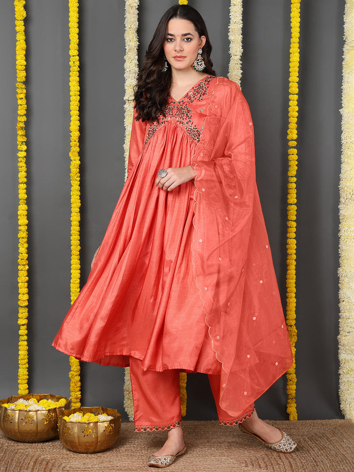 Orange Silk Blend Solid Embroidered Flared Kurta Trouser With Dupatta