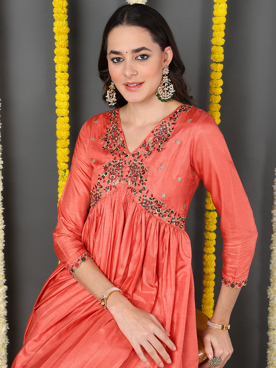 Orange Silk Blend Solid Embroidered Flared Kurta Trouser With Dupatta