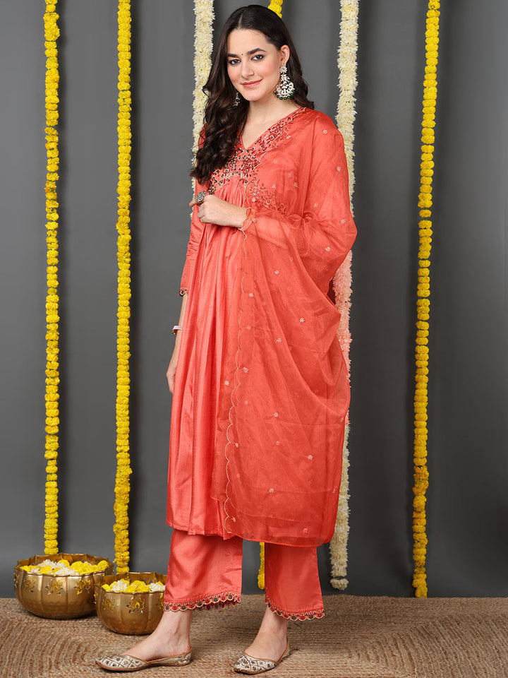 Orange Silk Blend Solid Embroidered Flared Kurta Trouser With Dupatta