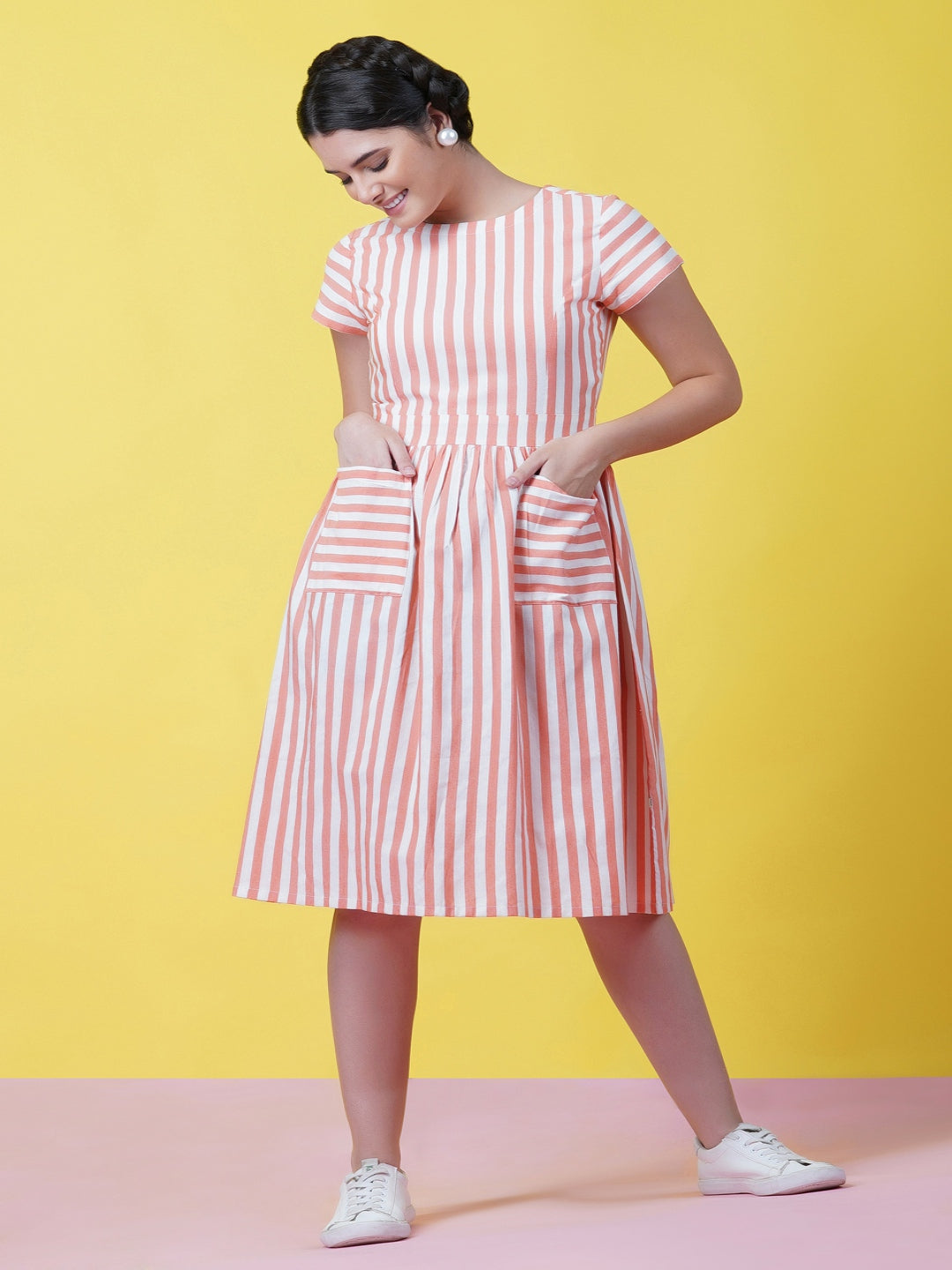 Orange-White-Stripe-Dress-With-Front-Pockets