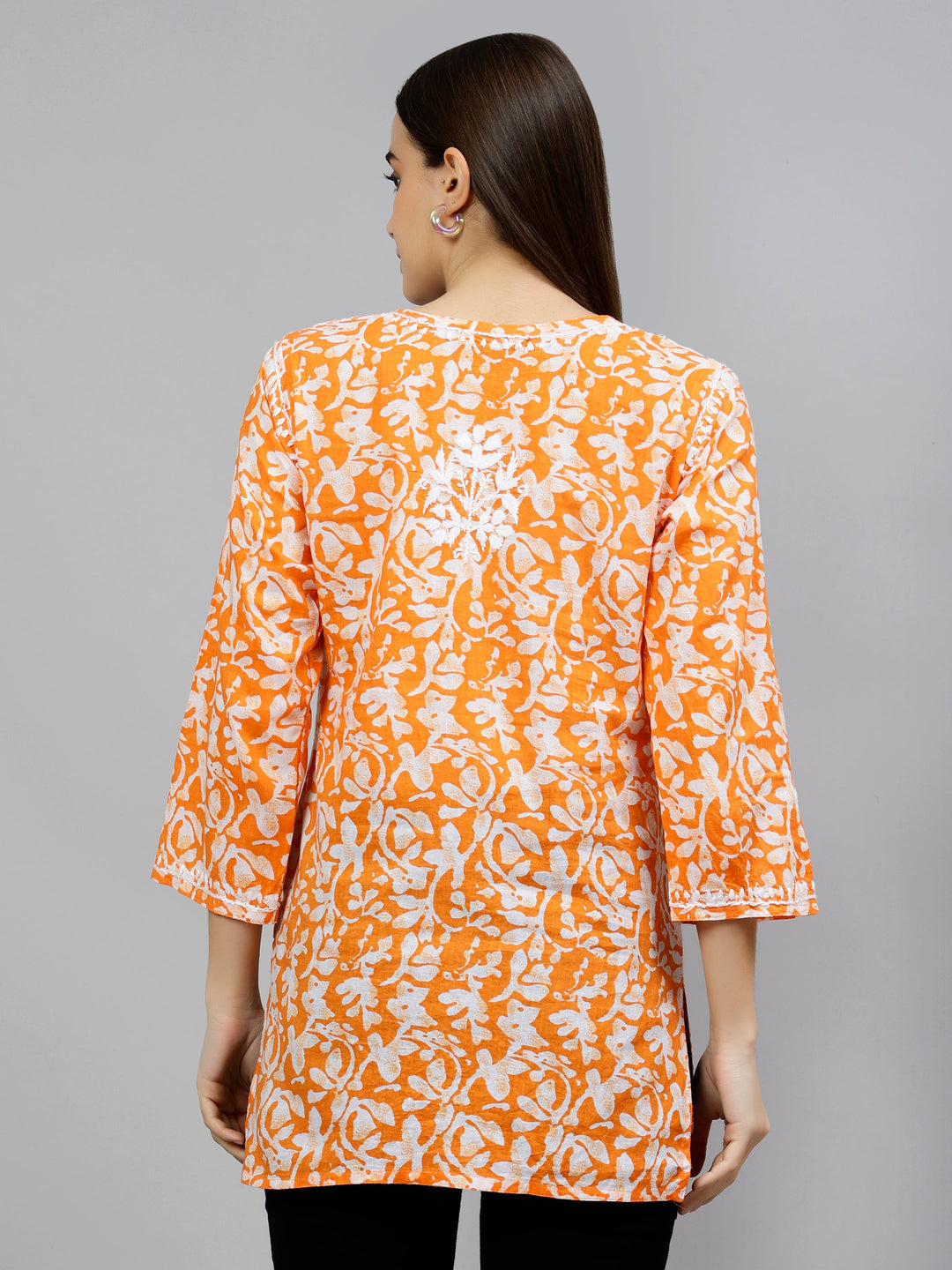 Orange Cotton Embroidered Lucknowi Chikankari Short Tunic