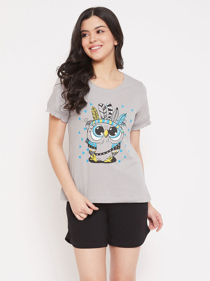 Owl Print Top & Shorts In Grey & Black