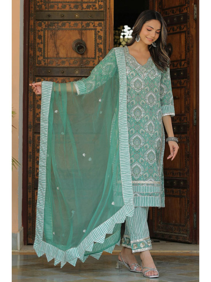 Pacific Green Cotton Printed Straight Suit Set