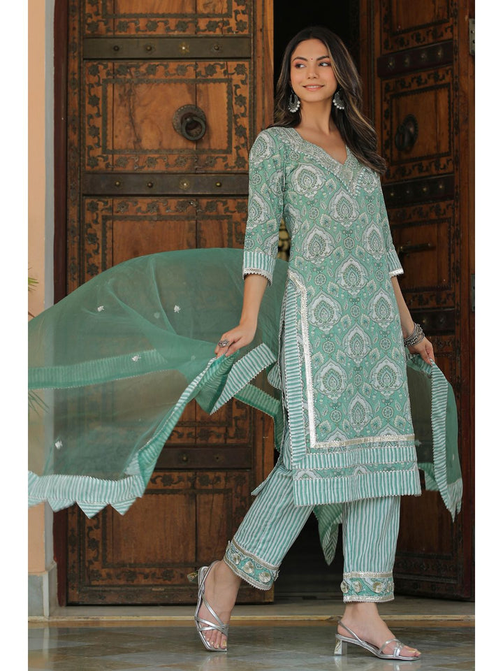 Pacific Green Cotton Printed Straight Suit Set