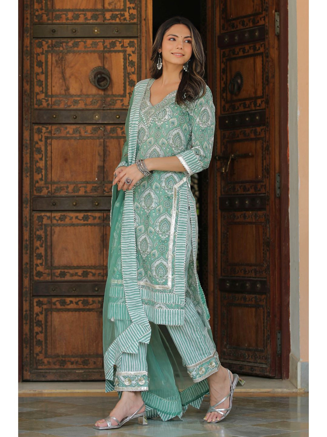 Pacific Green Cotton Printed Straight Suit Set