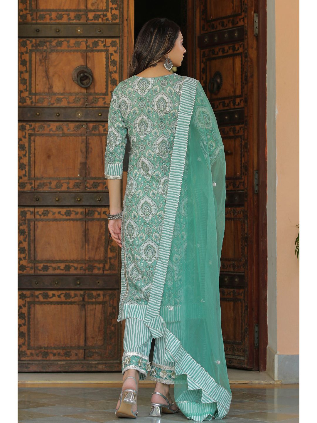 Pacific Green Cotton Printed Straight Suit Set