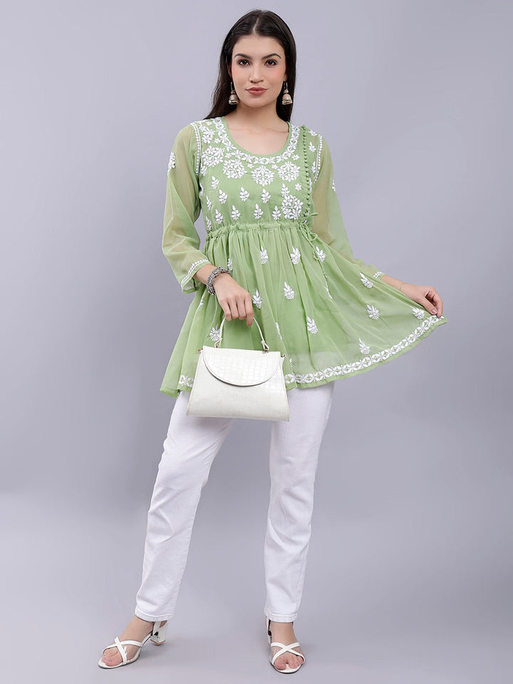 Green Georgette Angarkha Chikankari Tunic Top With Slip