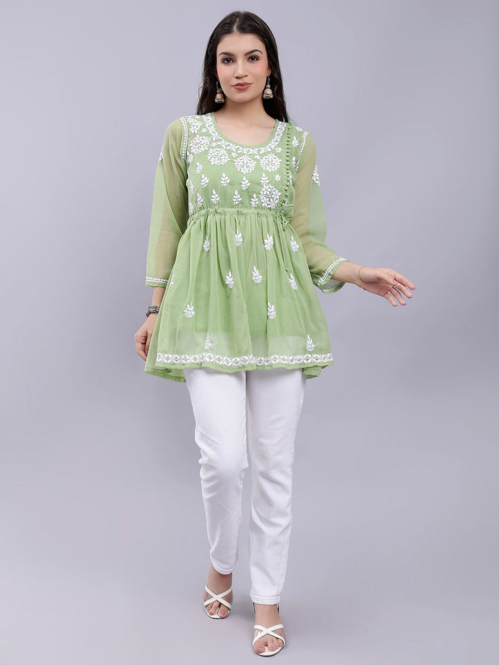 Green Georgette Angarkha Chikankari Tunic Top With Slip