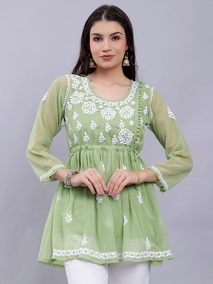 Green Georgette Angarkha Chikankari Tunic Top With Slip