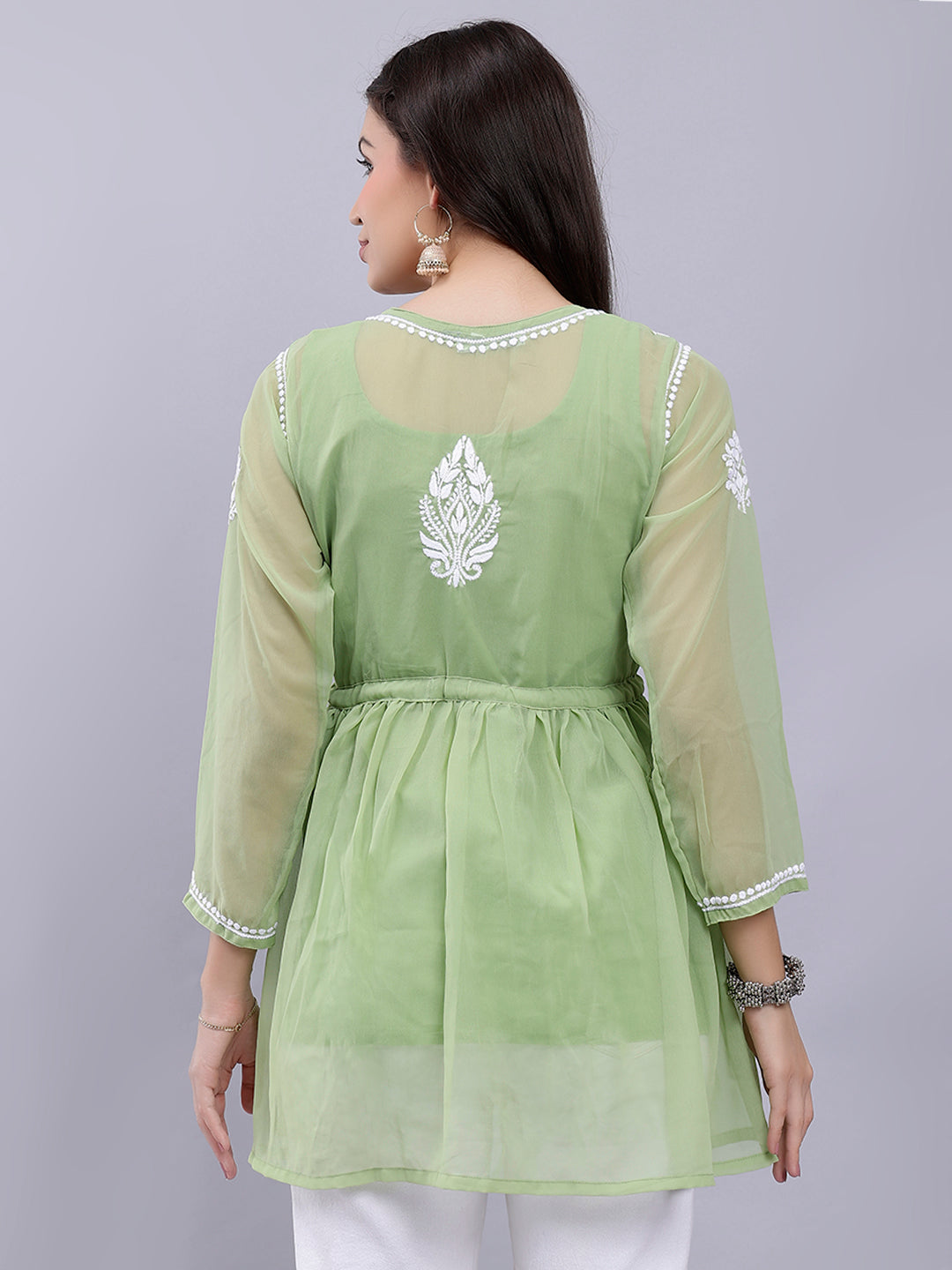 Green Georgette Angarkha Chikankari Tunic Top With Slip