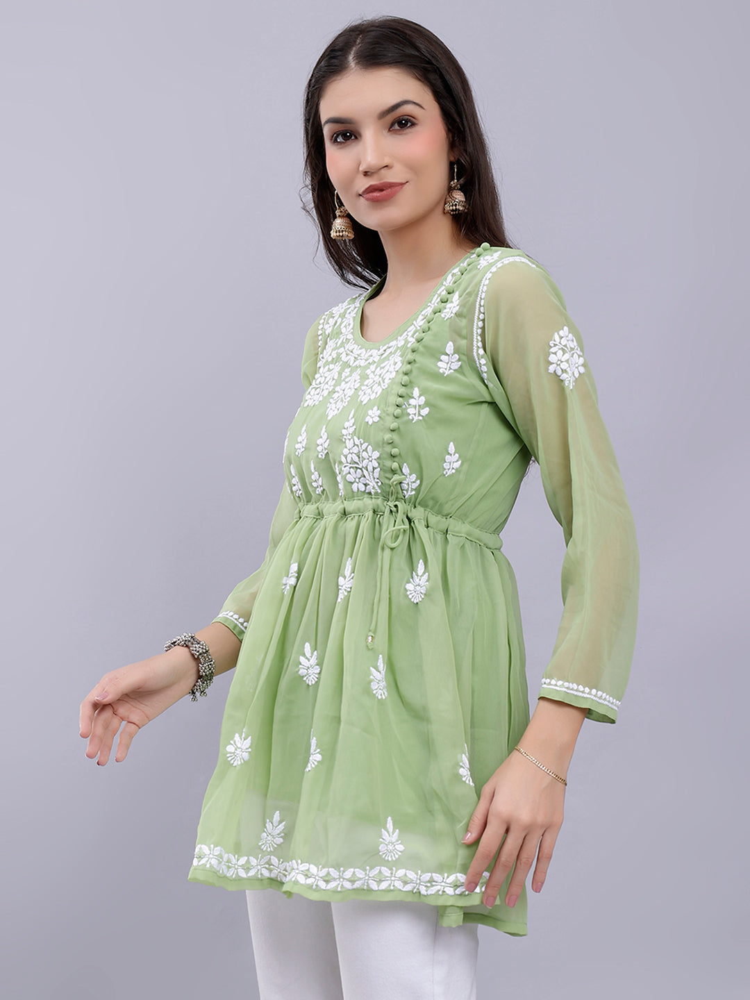 Green Georgette Angarkha Chikankari Tunic Top With Slip