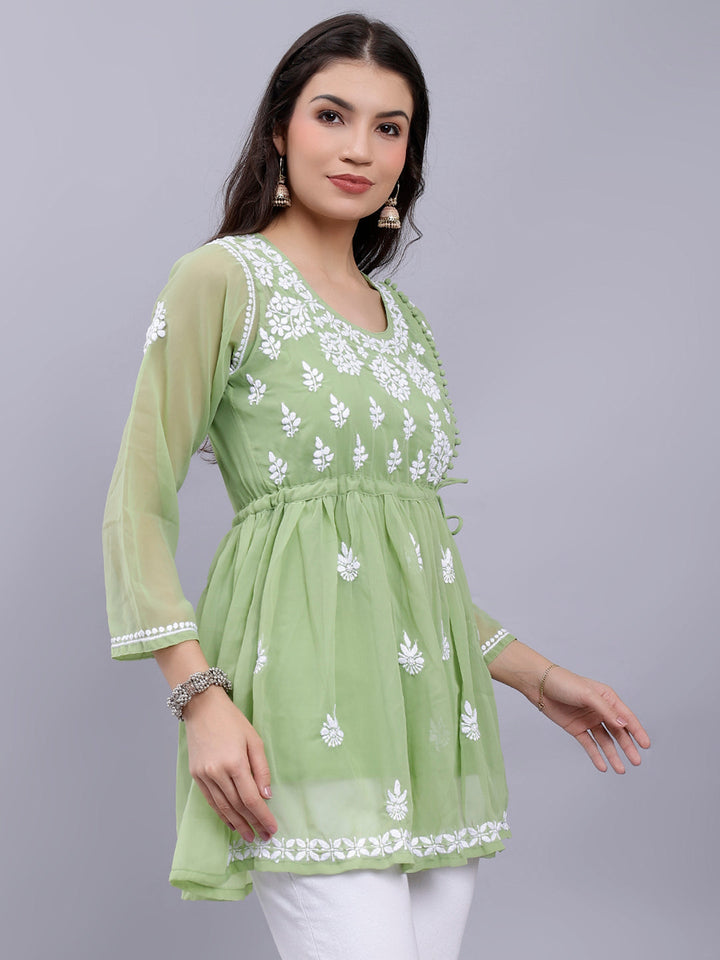 Green Georgette Angarkha Chikankari Tunic Top With Slip