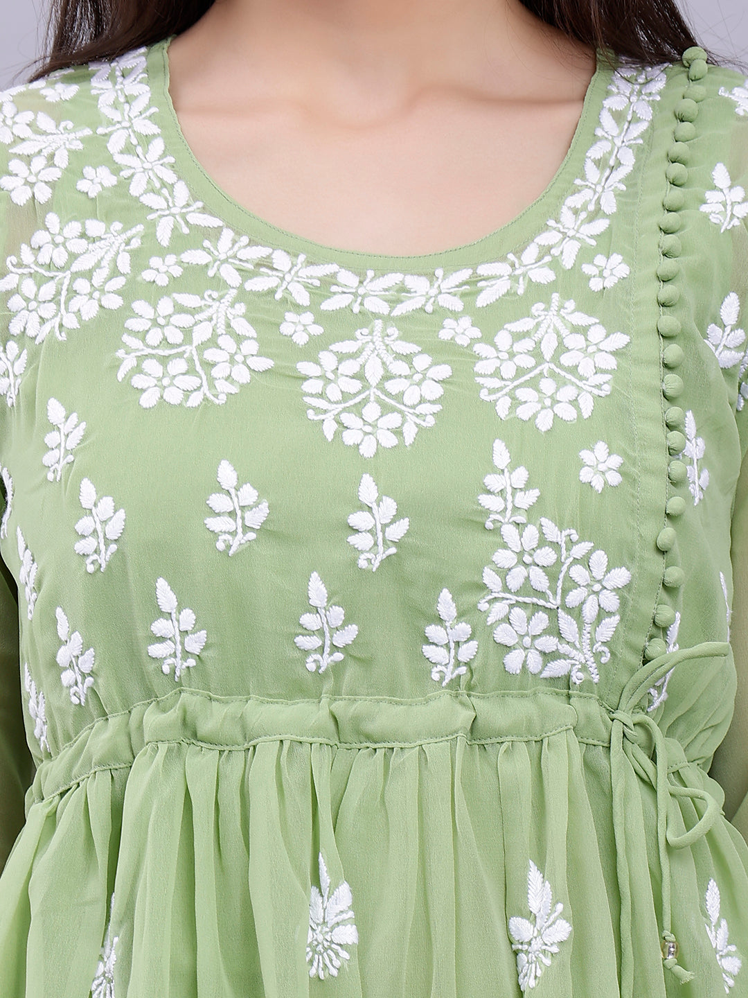 Green Georgette Angarkha Chikankari Tunic Top With Slip