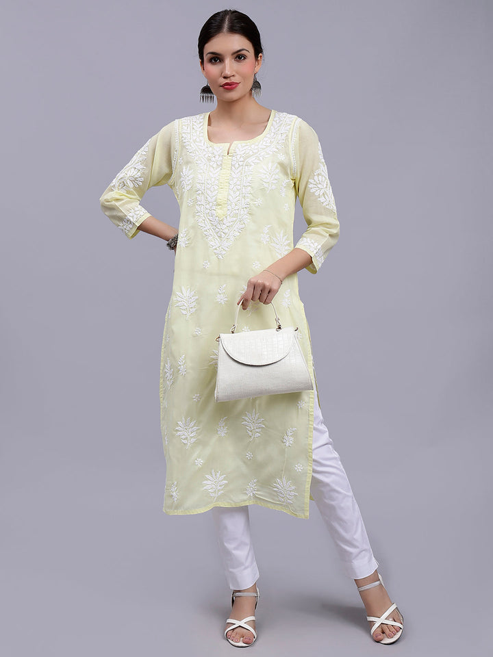 Pale Lemon Terivoil Cotton Handwoven Chikankari Kurti