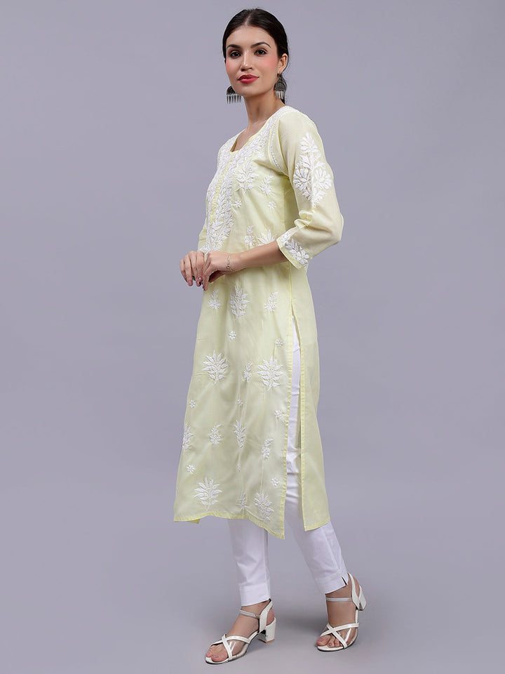 Pale Lemon Terivoil Cotton Handwoven Chikankari Kurti