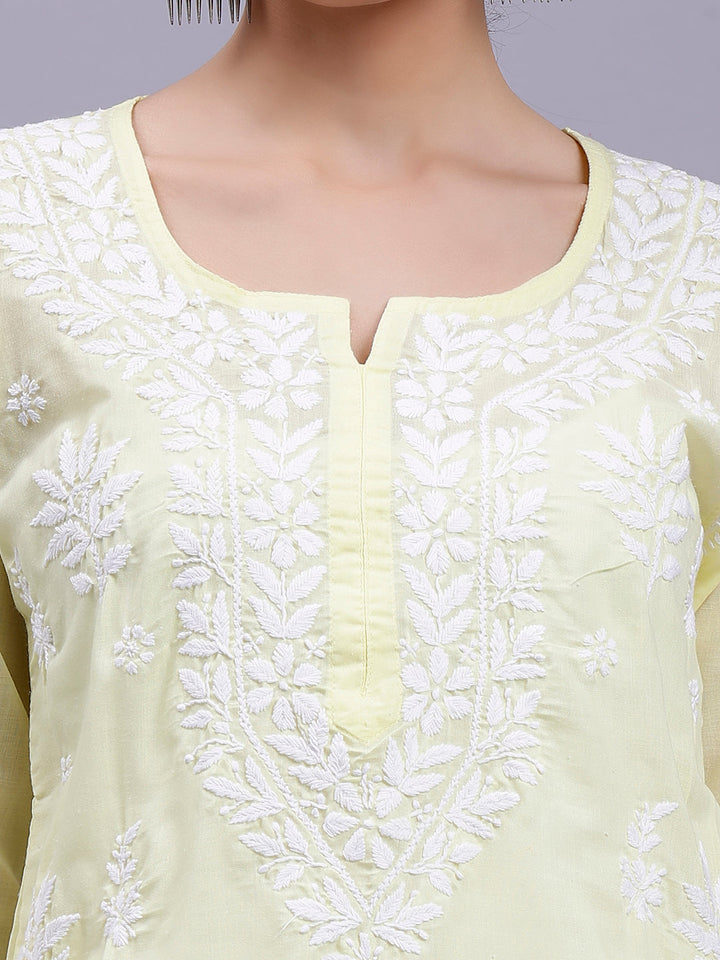 Pale Lemon Terivoil Cotton Handwoven Chikankari Kurti