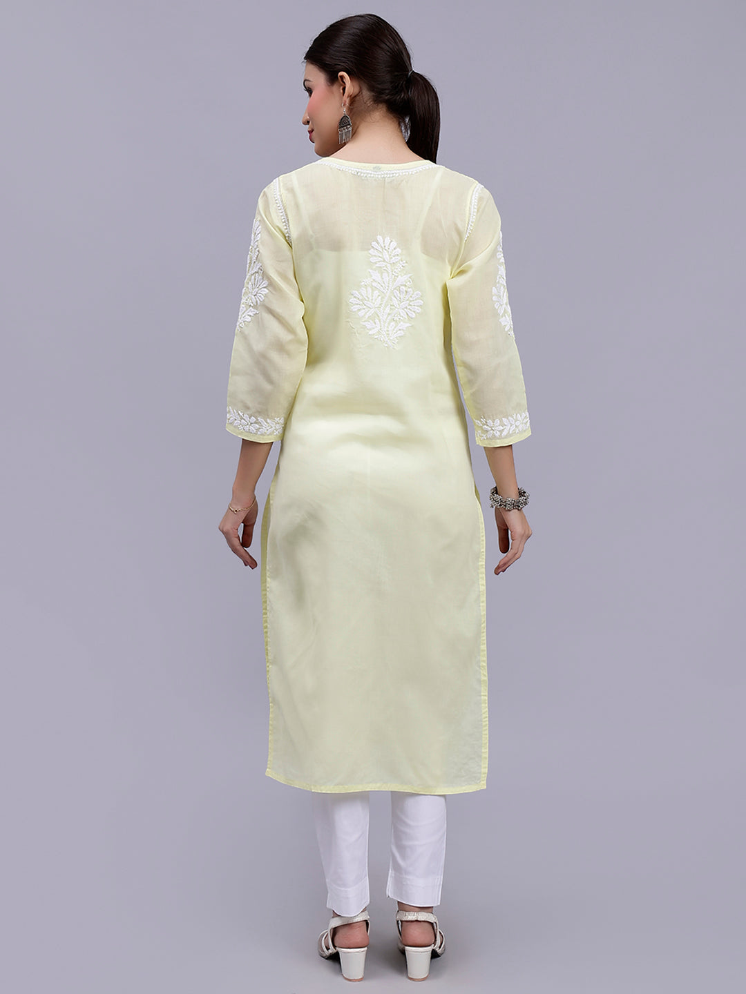 Pale Lemon Terivoil Cotton Handwoven Chikankari Kurti