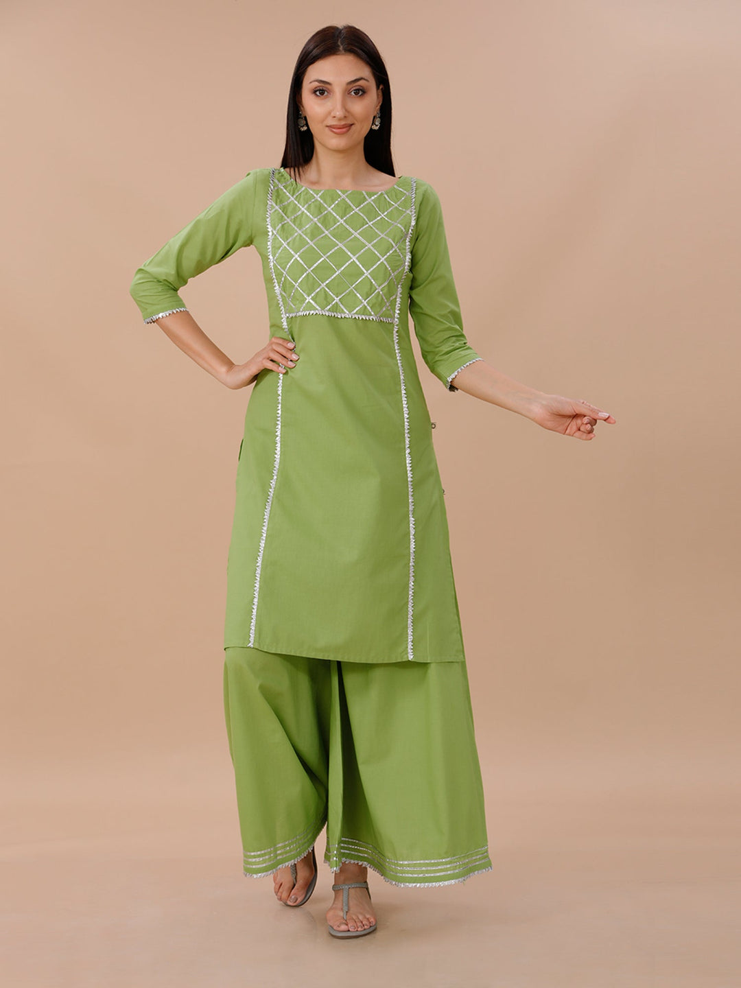 Palette Leaf Green Cotton Gotta Patti Sharara Set