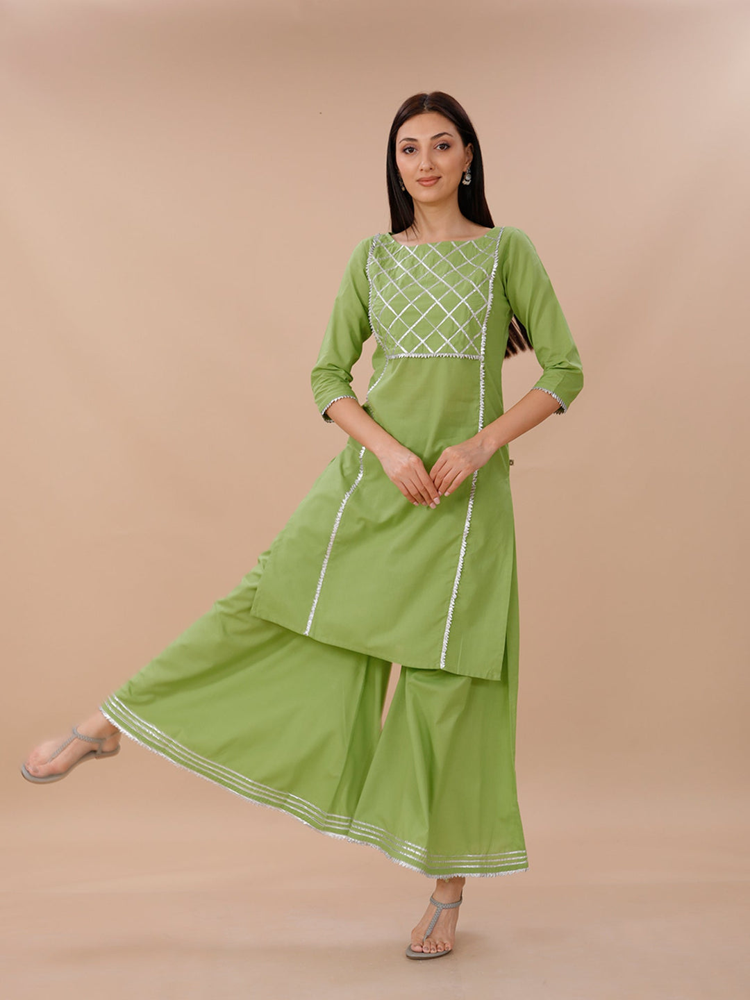 Palette Leaf Green Cotton Gotta Patti Sharara Set