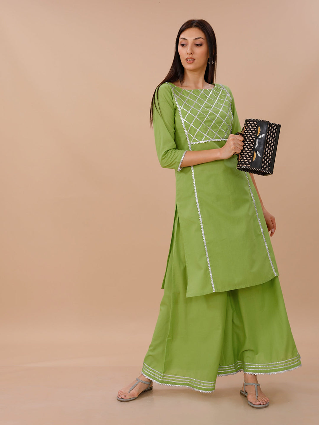 Palette Leaf Green Cotton Gotta Patti Sharara Set