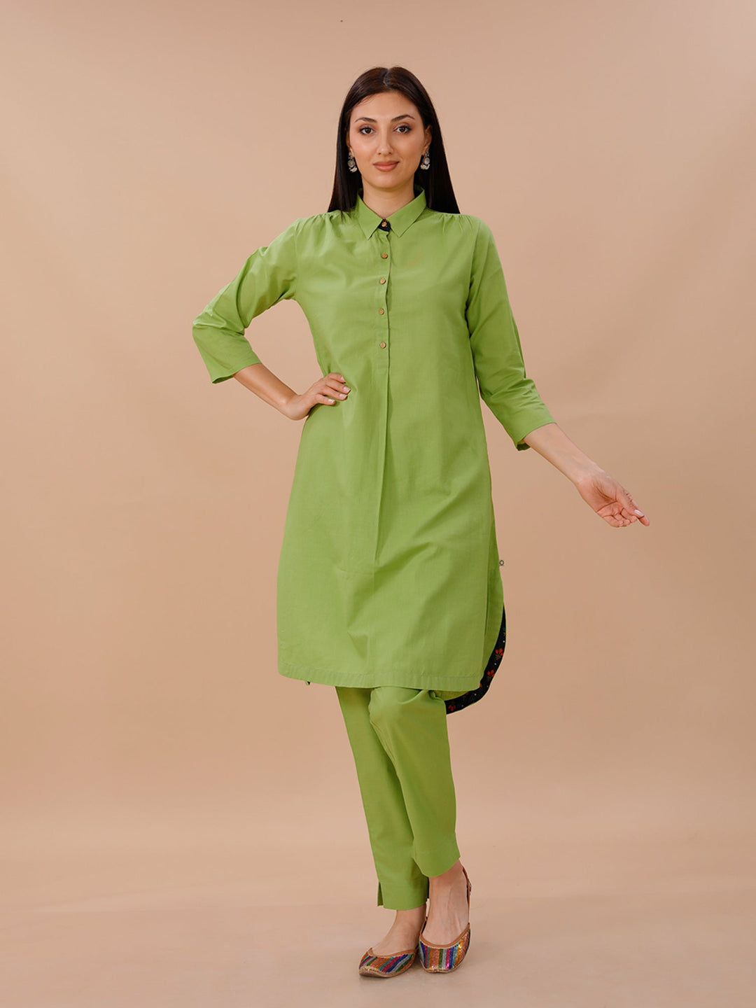 Palette Leaf Green Cotton Kurta and Pants Set