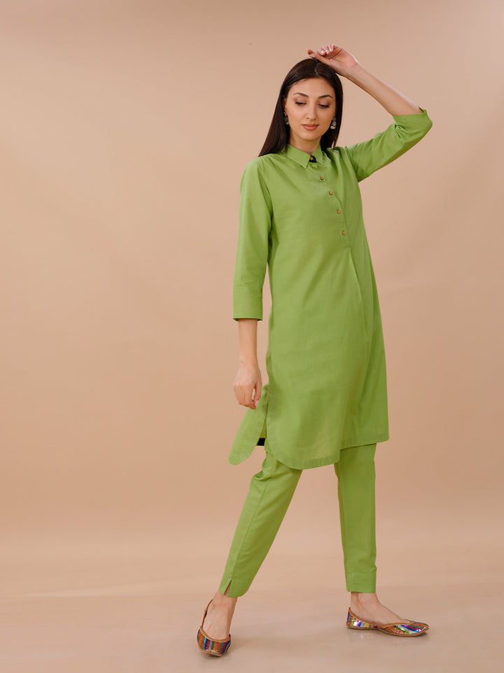 Palette Leaf Green Cotton Kurta and Pants Set