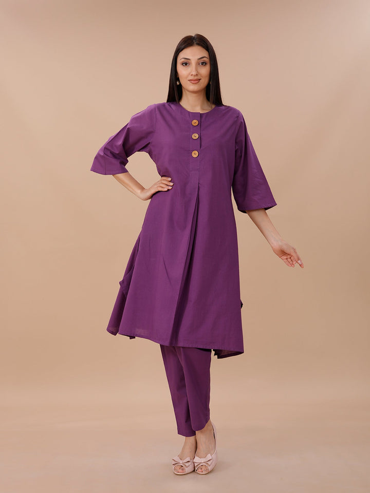 Palette Purple Cotton A-line Kurta With Pants