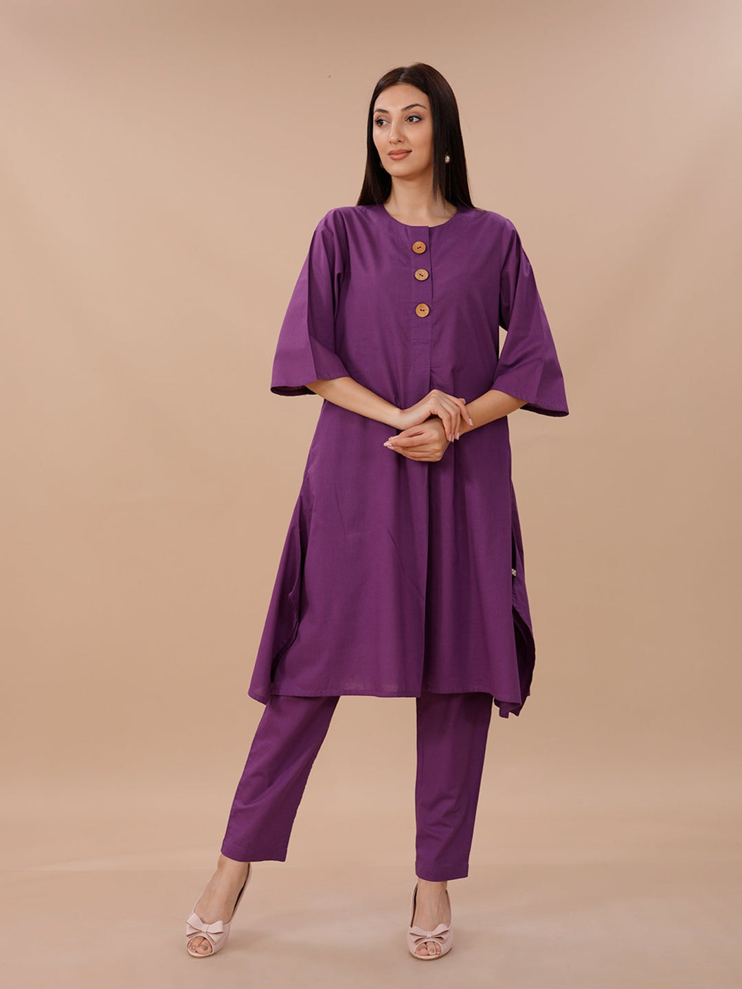 Palette Purple Cotton A-line Kurta With Pants