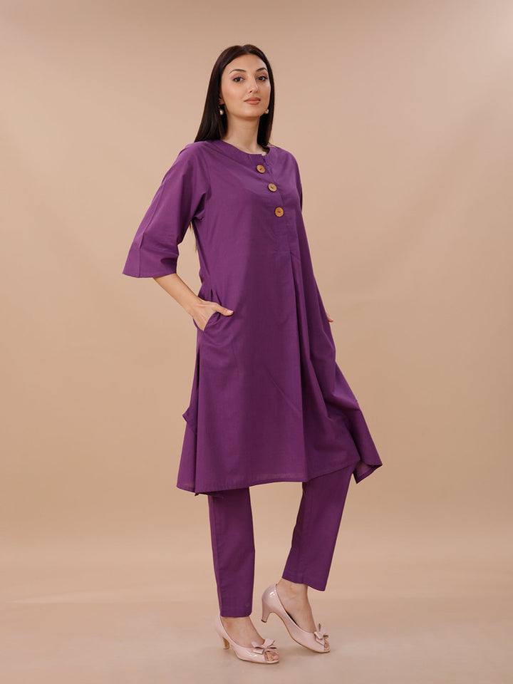 Palette Purple Cotton A-line Kurta With Pants