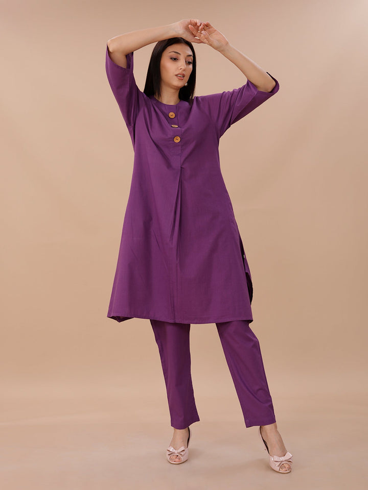 Palette Purple Cotton A-line Kurta With Pants