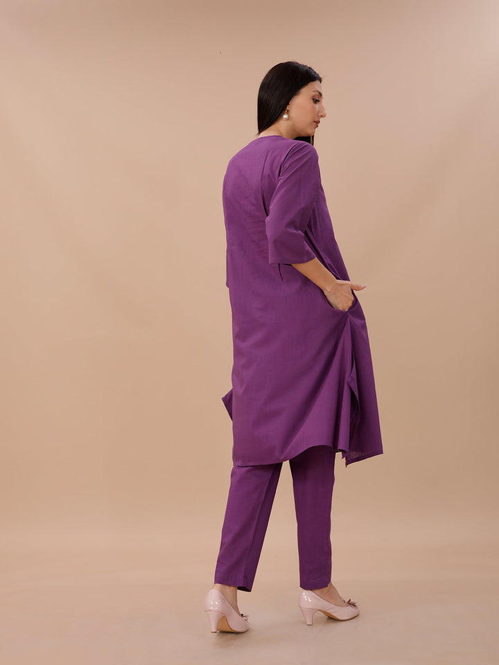 Palette Purple Cotton A-line Kurta With Pants