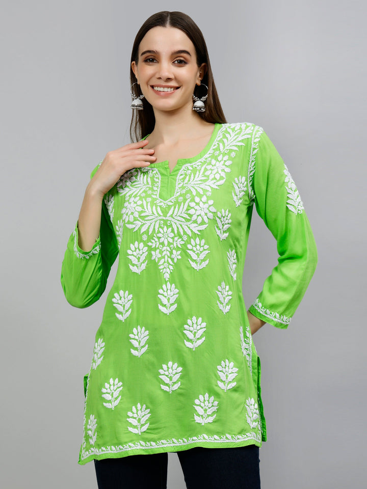 Parrot Green Modal Embroidered Chikankari Short Tunic