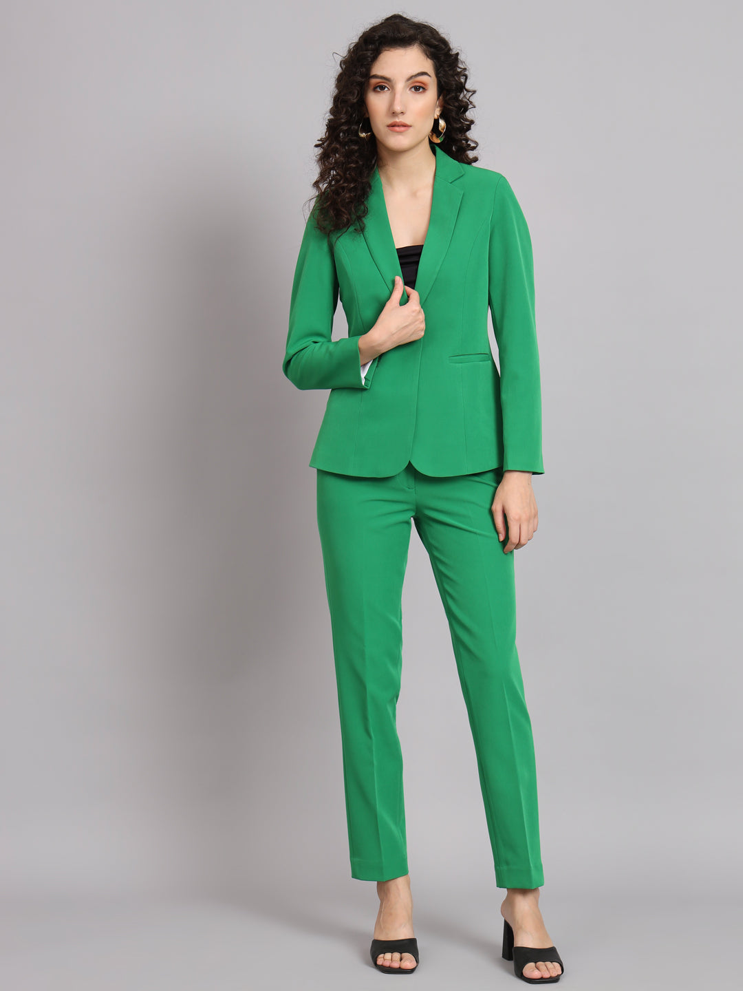 Parrot Green Polyester Notch Collar Stretch Pant Suit
