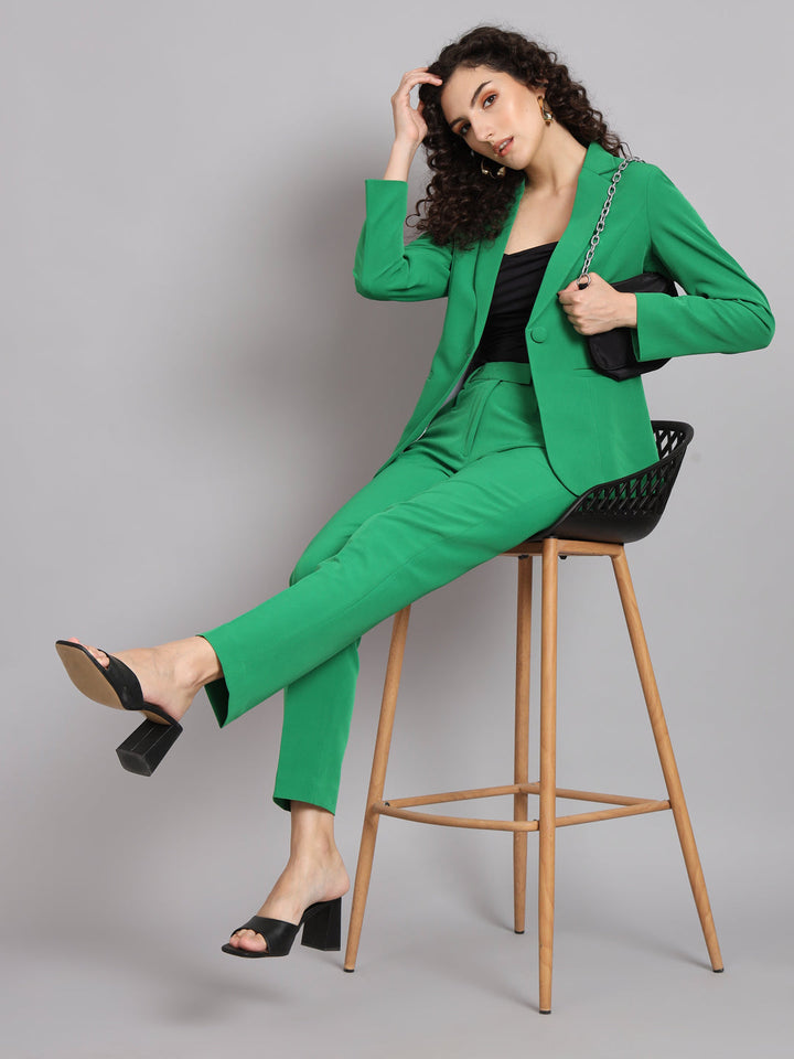 Parrot Green Polyester Notch Collar Stretch Pant Suit