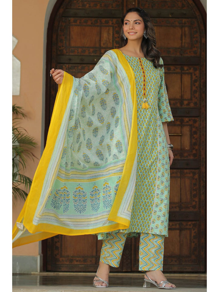 Pastel Green & Yellow Floral Printed Suit Set