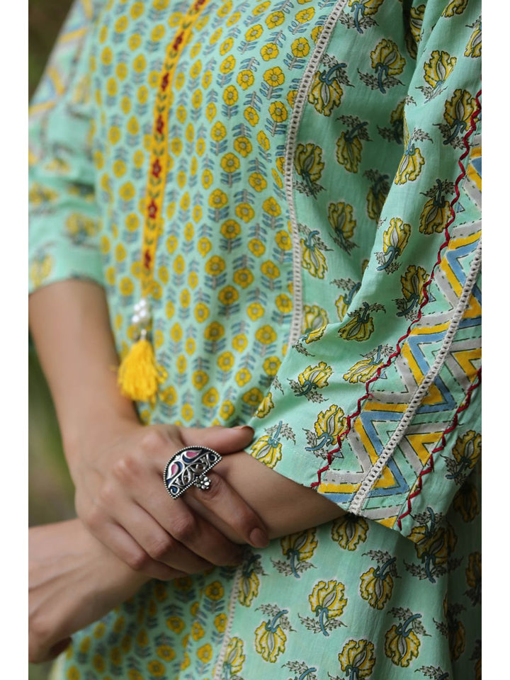 Pastel Green & Yellow Floral Printed Suit Set