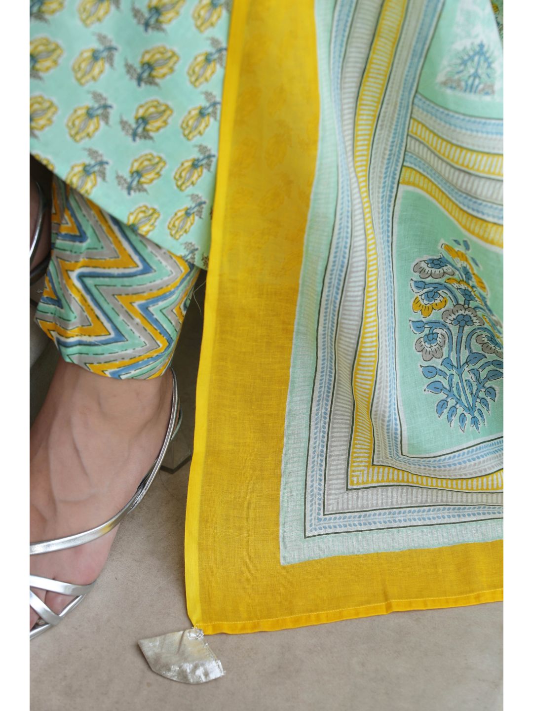Pastel Green & Yellow Floral Printed Suit Set