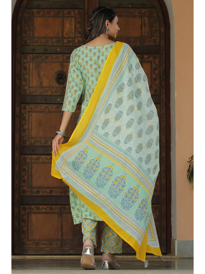 Pastel Green & Yellow Floral Printed Suit Set