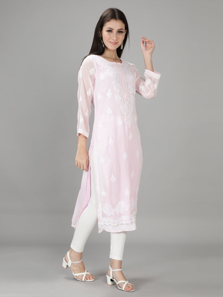 Pastel Pink Georgette Chikan Kurta with Slip