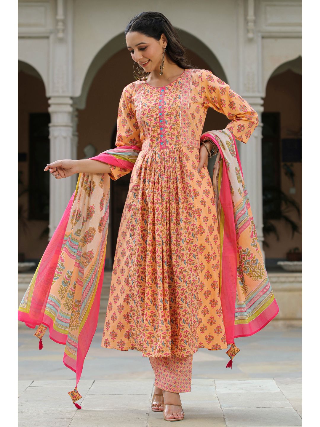 Peach Blossom Printed Cotton Kurta Suit Set