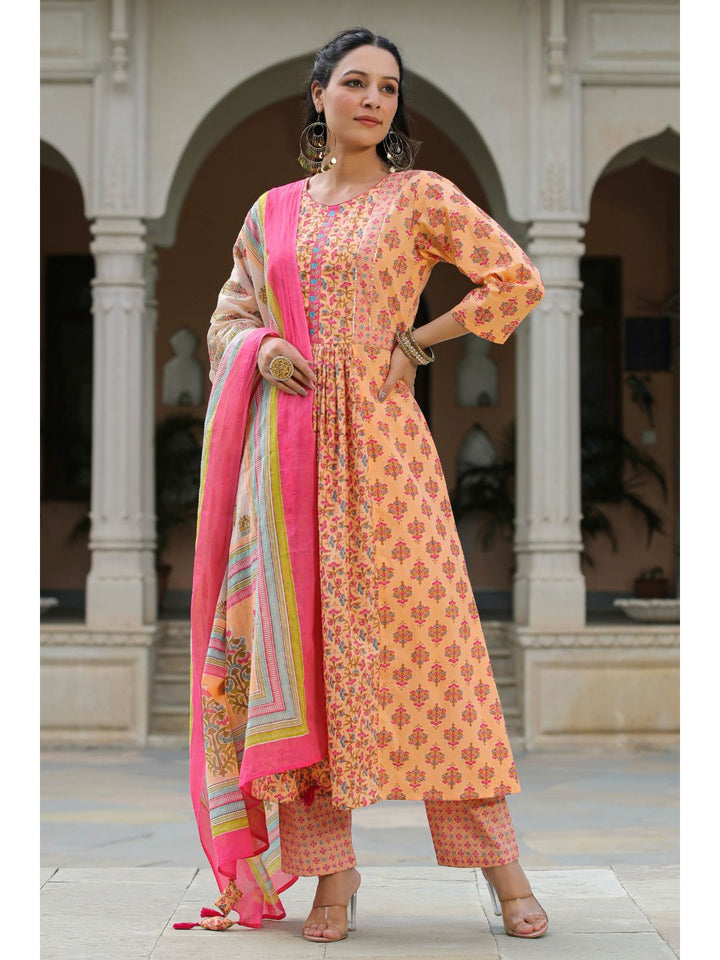 Peach Blossom Printed Cotton Kurta Suit Set