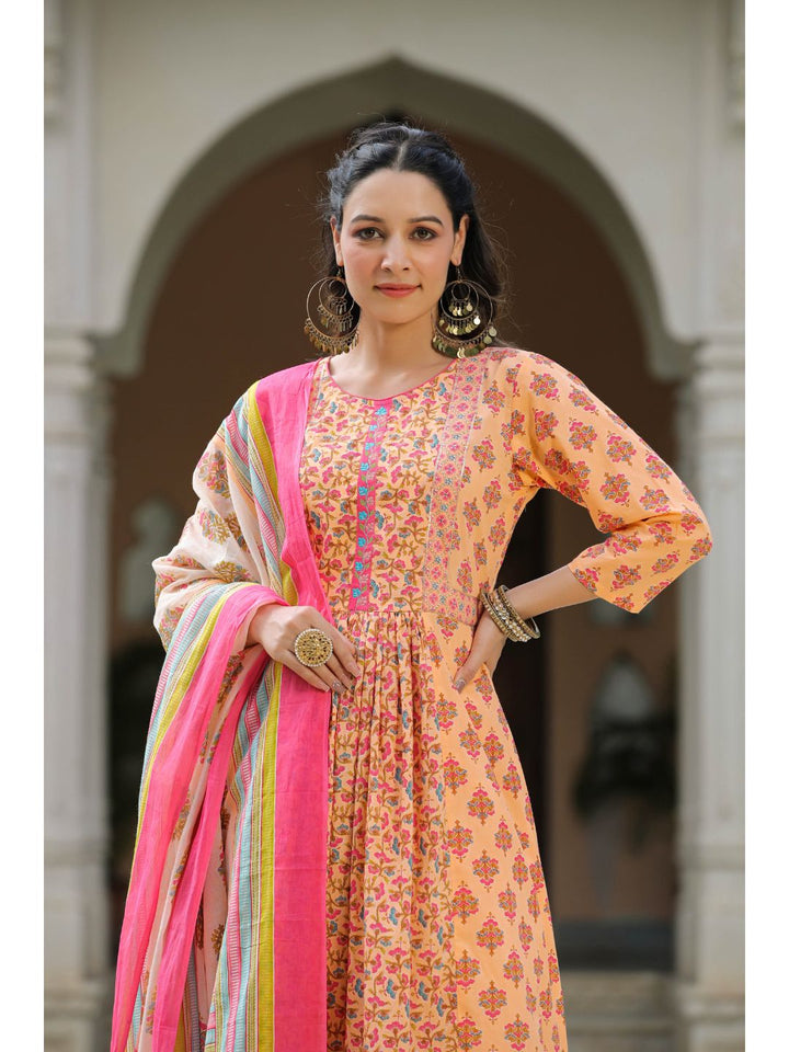 Peach Blossom Printed Cotton Kurta Suit Set