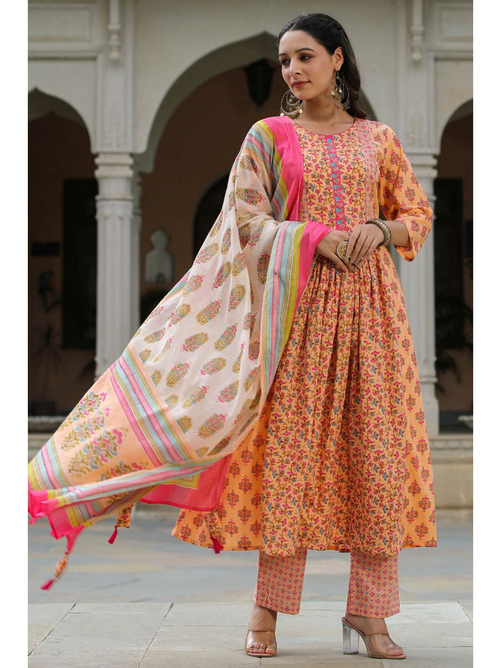 Peach Blossom Printed Cotton Kurta Suit Set